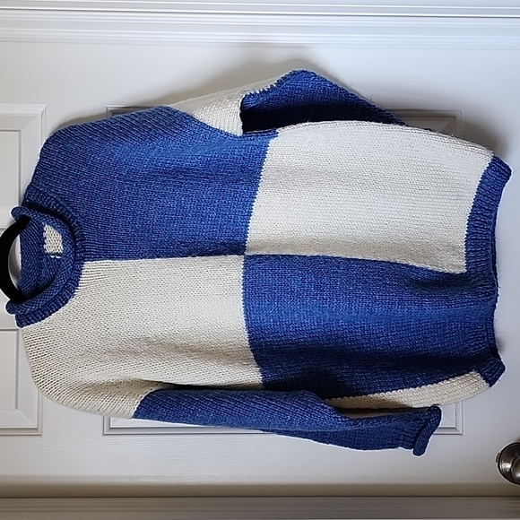Hand Crafted Sweaters - Gorgeous handknit blue and cream sweater